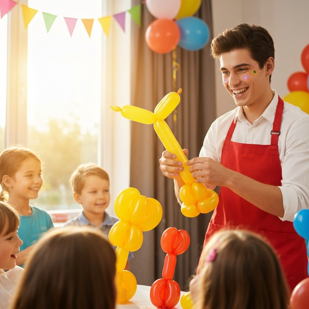 Balloon artist making balloon animals for kids