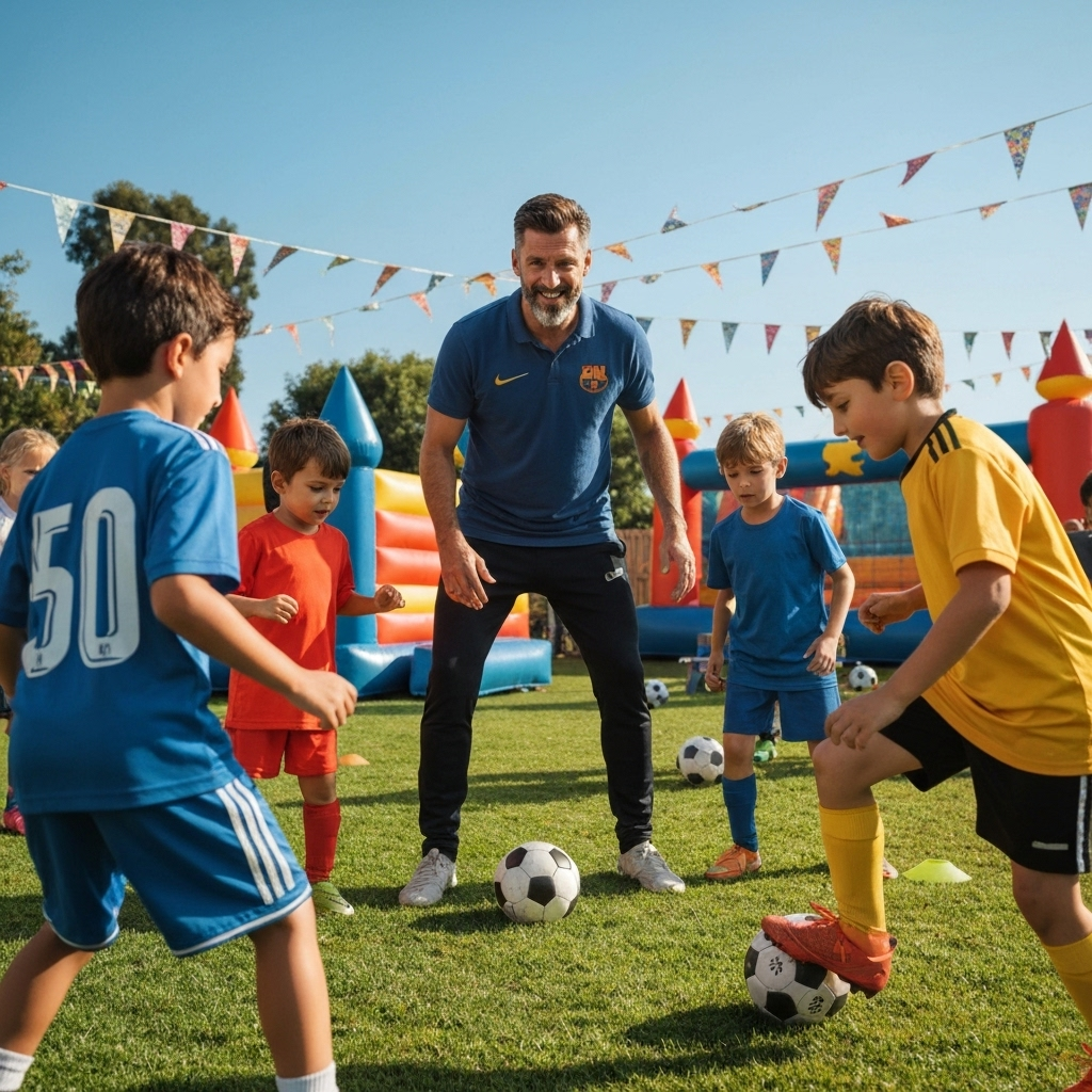 Professional sports coach training kids at party