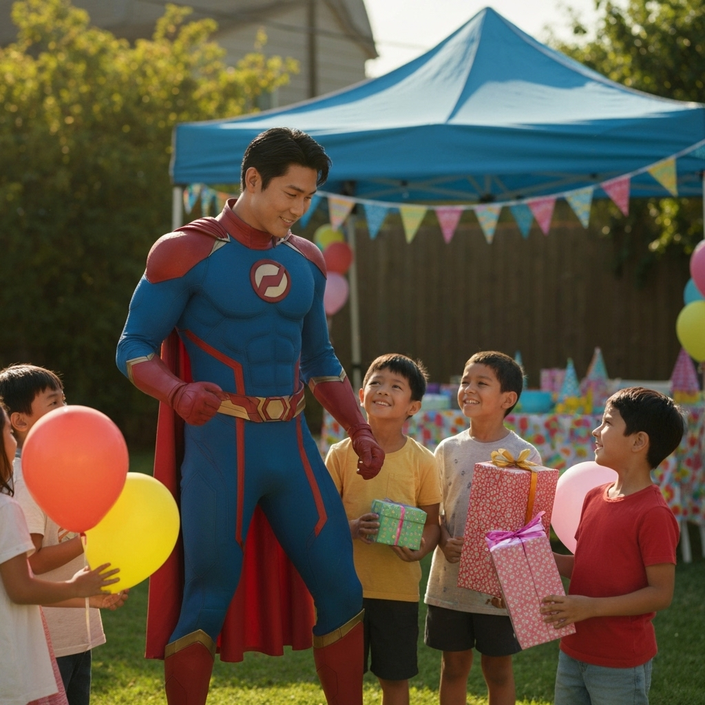 Batman taking group photo with kids at birthday party